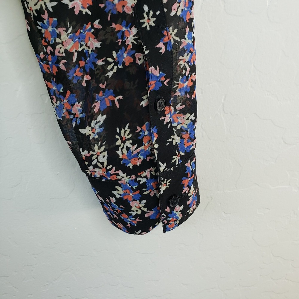Express Portofino Blouse Shirt Women's Medium Black Floral Long Tab Sleeve - Picture 8 of 11